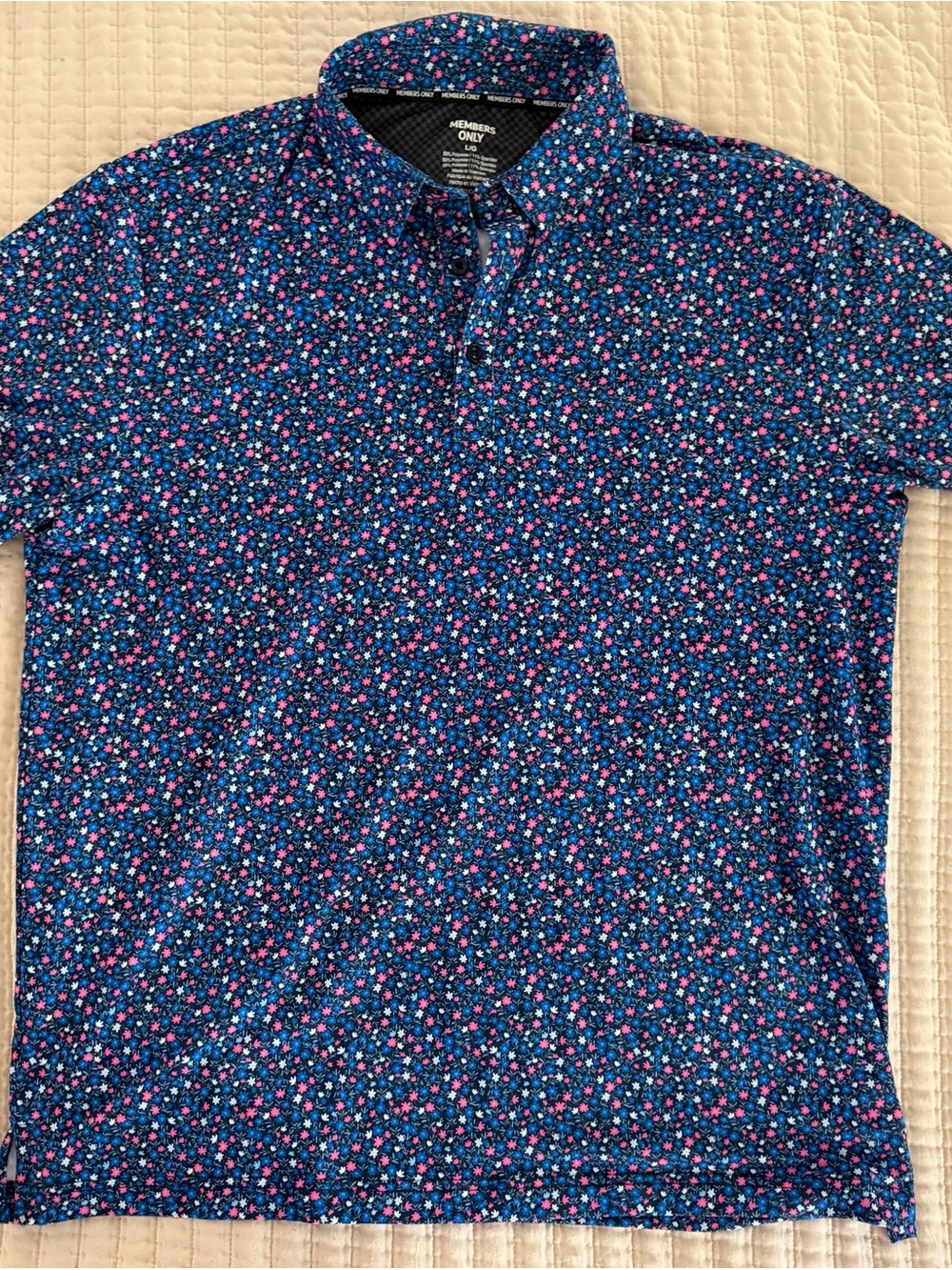 Members Only Dark Blue Floral Print Polo with Pink Accents